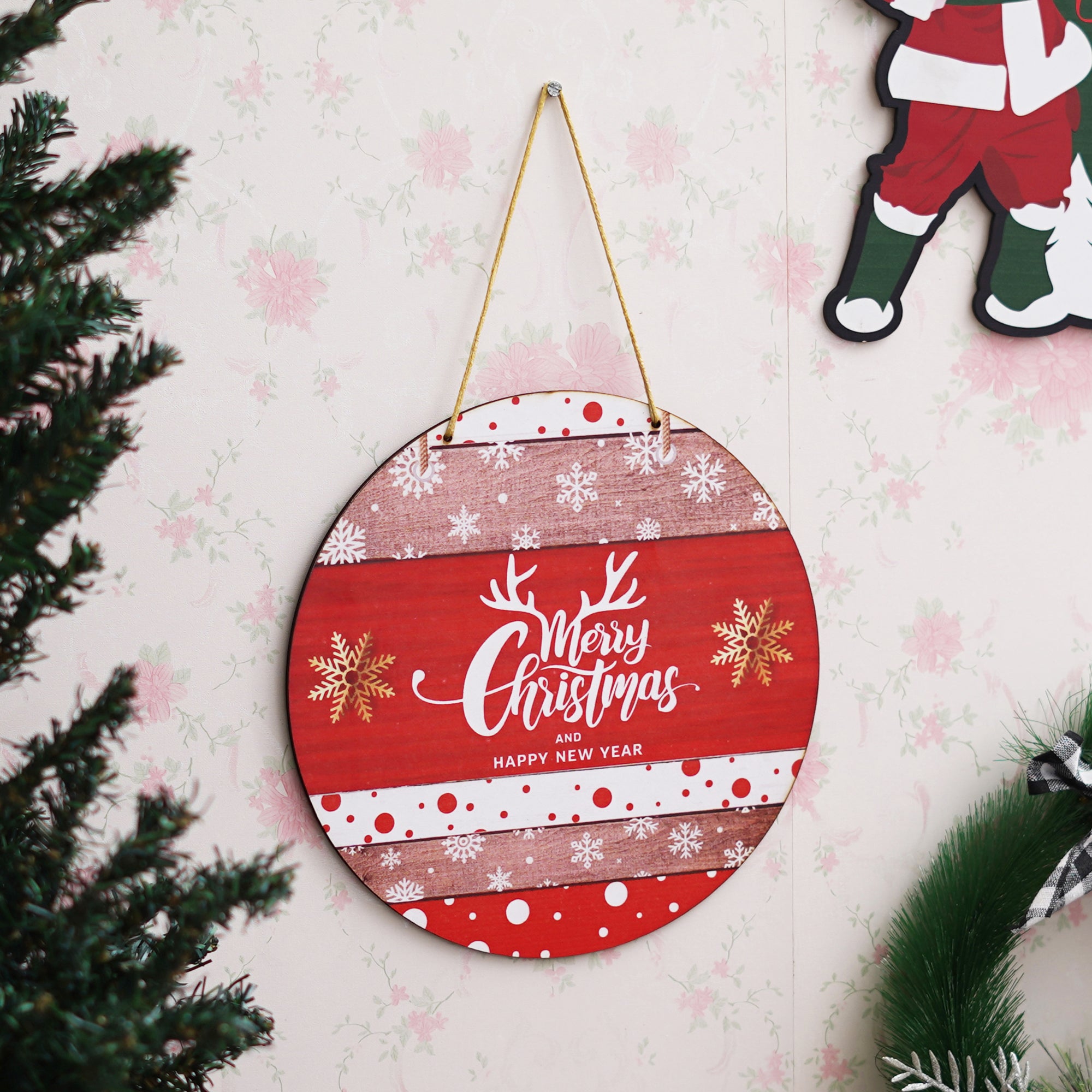eCraftIndia "Merry Christmas and Happy New Year" Printed Wooden Door Wall Hanging for Home and Christmas Tree Decorations (Red, White, Golden) 4
