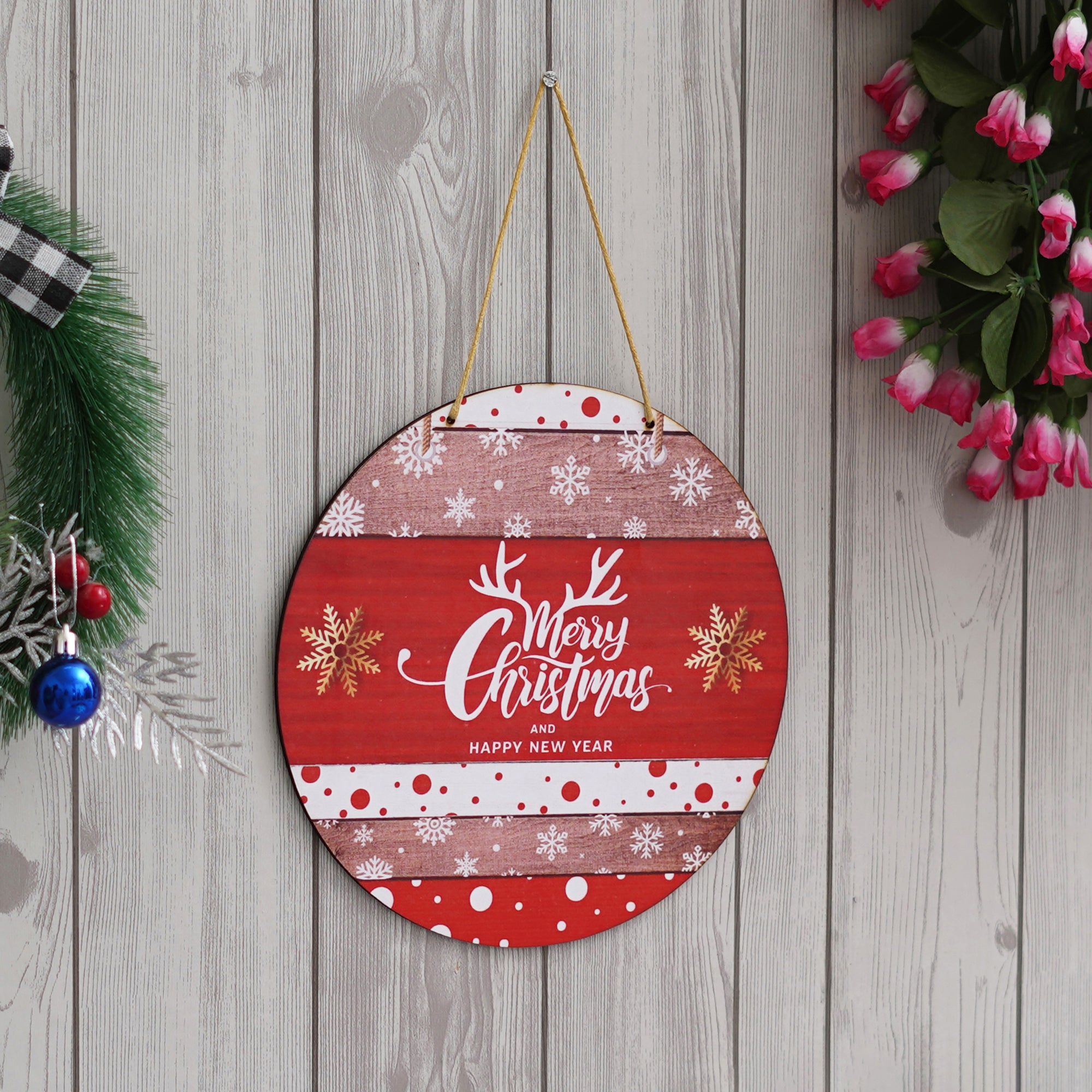 eCraftIndia "Merry Christmas and Happy New Year" Printed Wooden Door Wall Hanging for Home and Christmas Tree Decorations (Red, White, Golden) 5