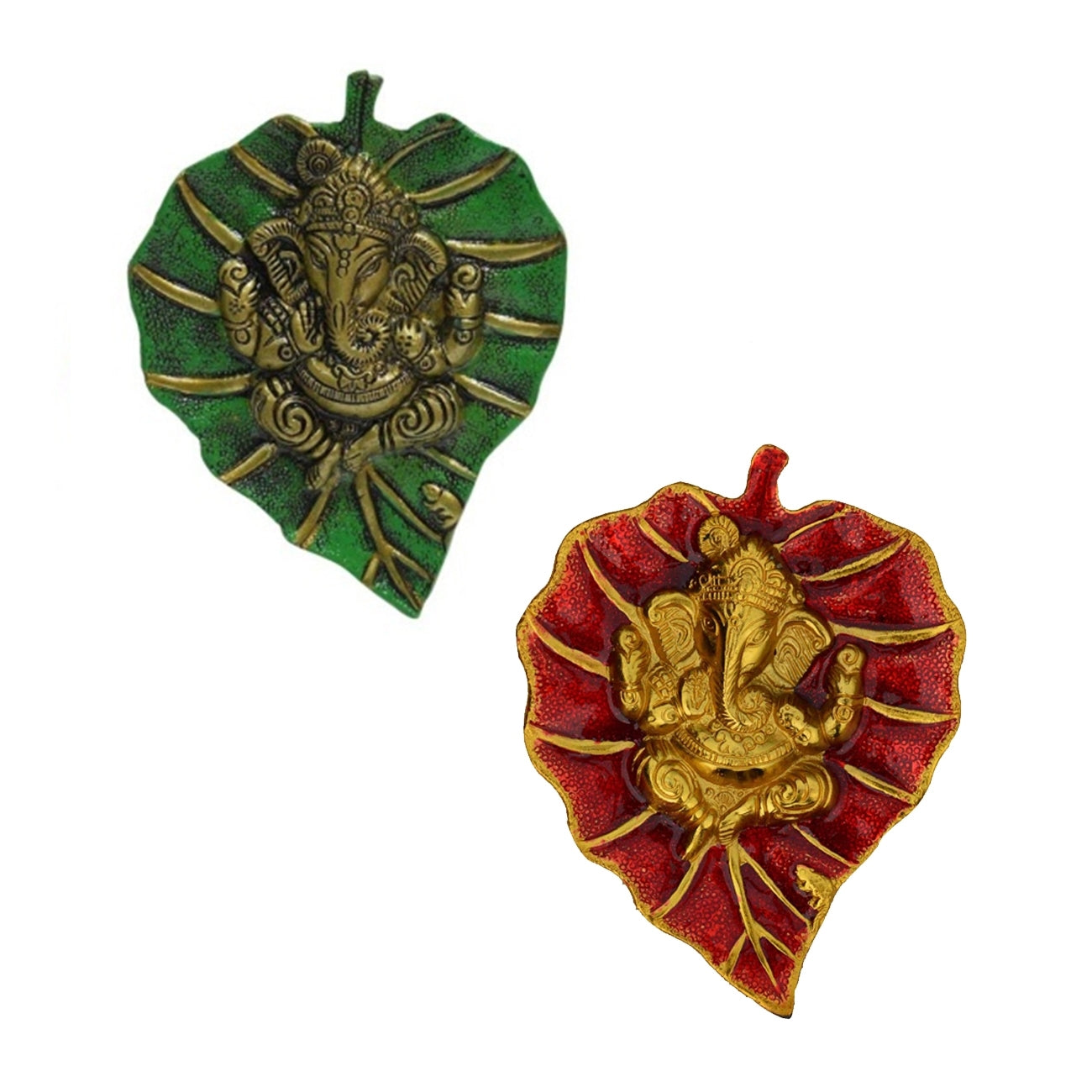 Lord Ganesha Idol On Green And Red Leaf Set Of 2 Metal Wall Hangings