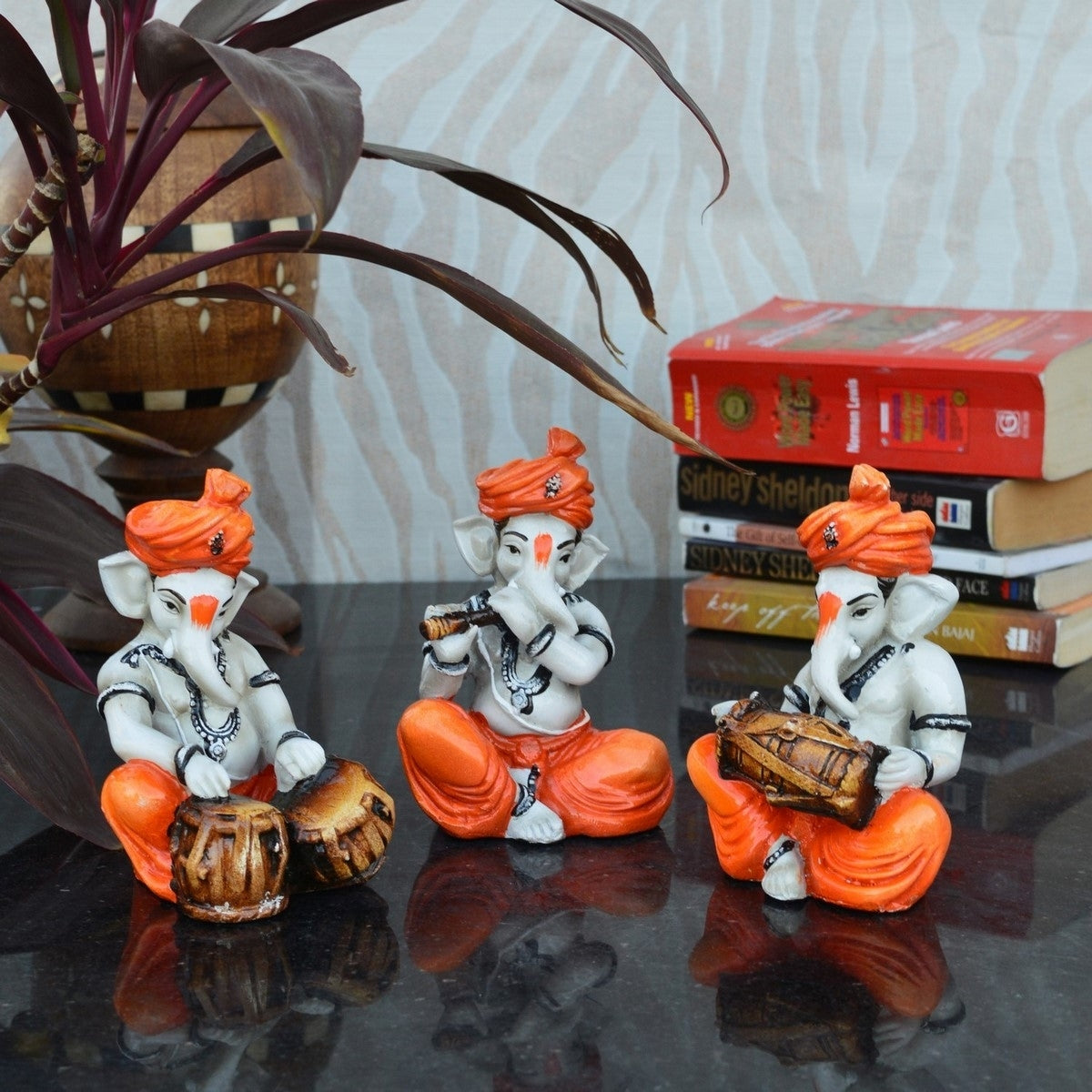 Orange Set of 3 Polyresin Ganesha Idol Playing Tabla, Flute and Dholak