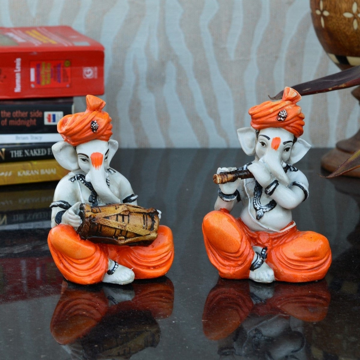 Set Of 2 Lord Ganesha Idols Playing Dholak And Flute