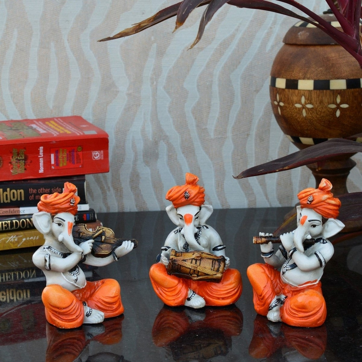 Set Of 3 Lord Ganesha Idols Playing Violen, Dholak, And Flute