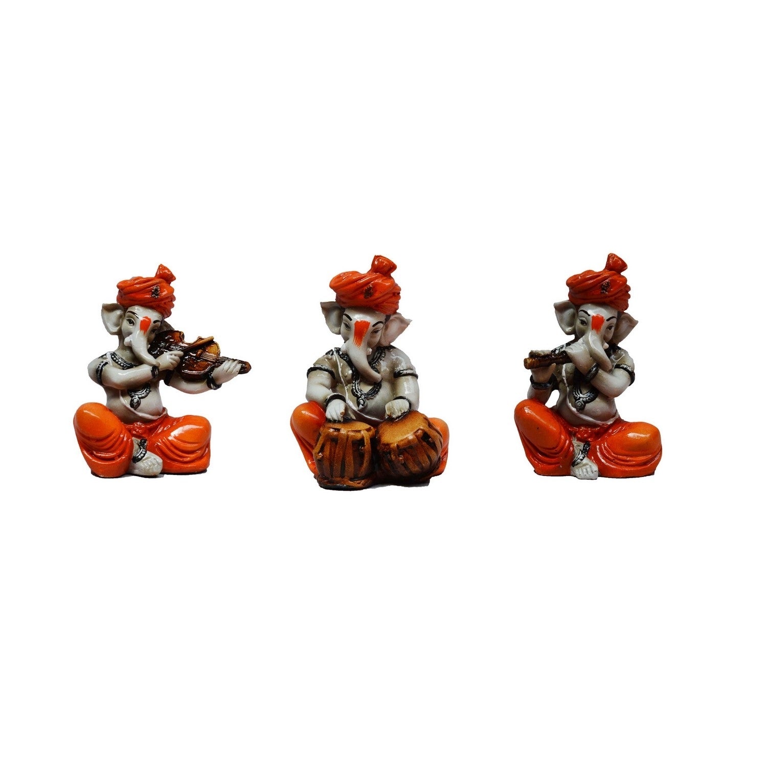 Orange Set of 3 Ganesha Idols Playing Violin, Tabla and Flute Musical Instruments 1
