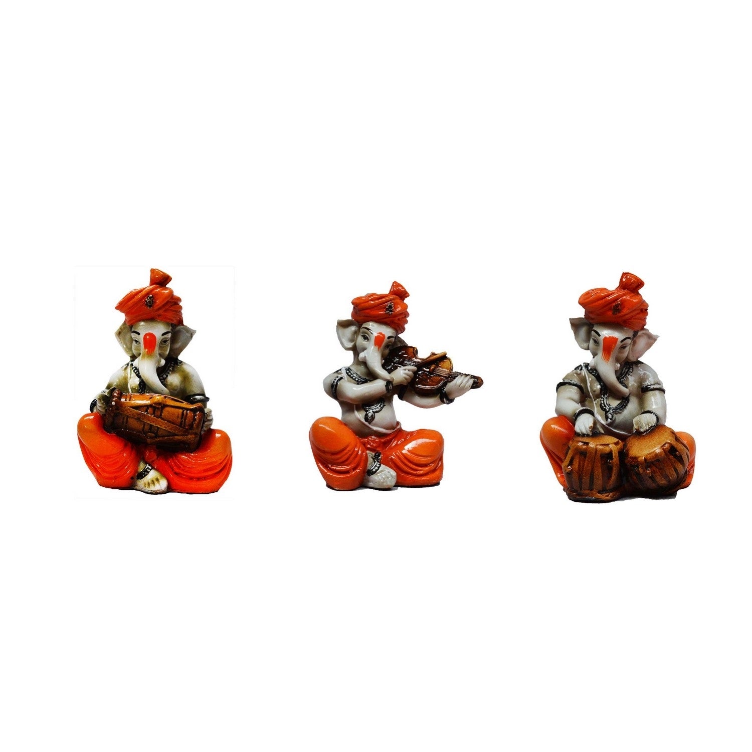 Orange Set of 3 Polyresin Ganesha Idol Playing Dholak, Violin and Tabla 1