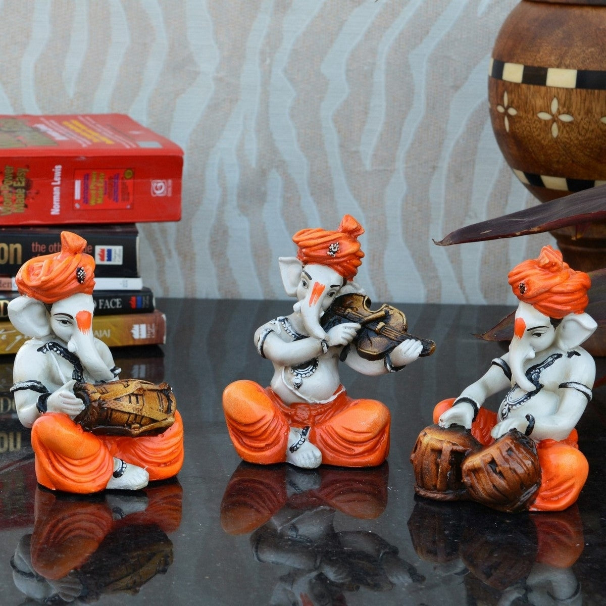 Orange Set of 3 Polyresin Ganesha Idol Playing Dholak, Violin and Tabla