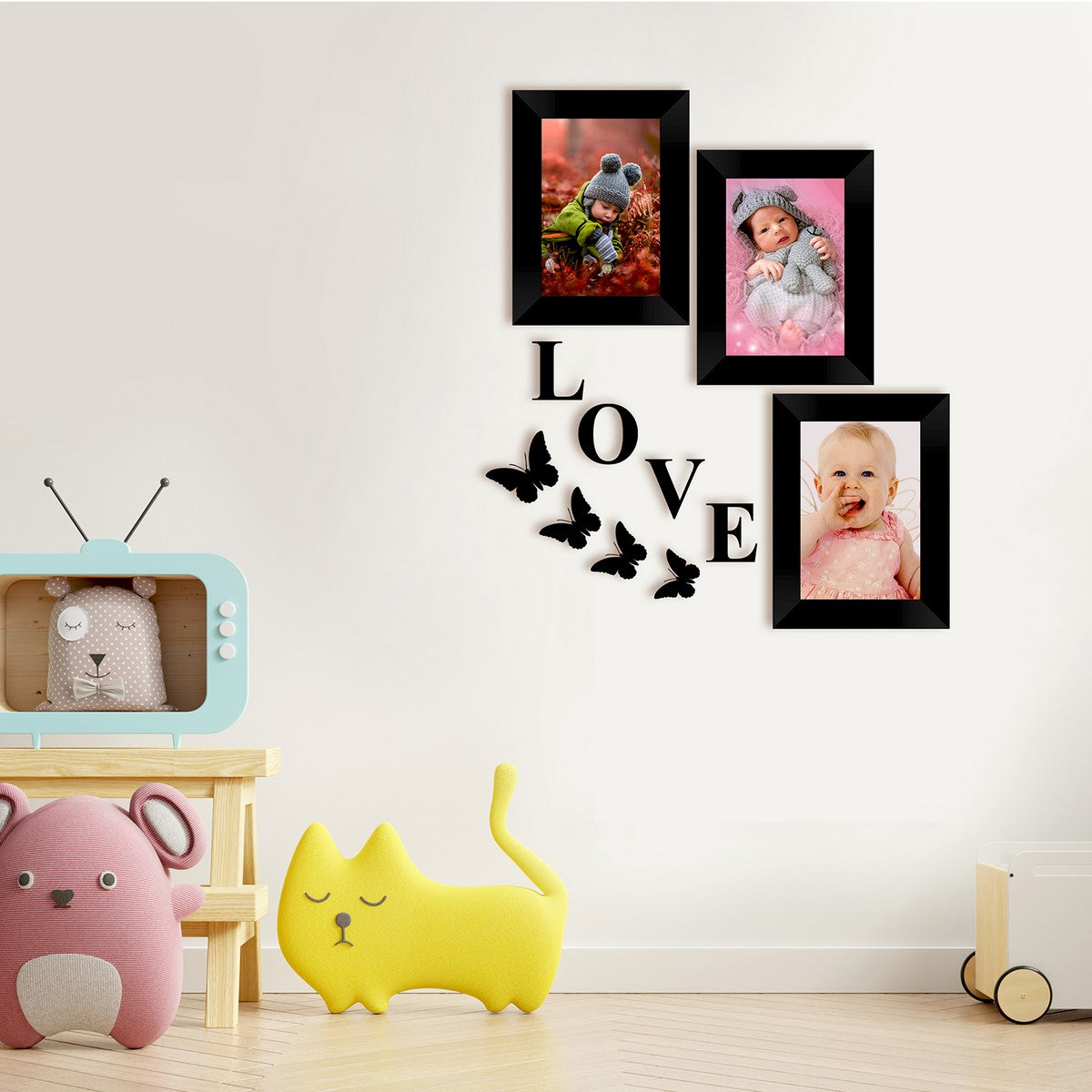 Memory Wall Collage Photo Frame - Set of 3 Photo Frames for 3 Photos of 4"x6", 1 Piece of LOVE, 4 Pieces of BUTTERFLIES 2