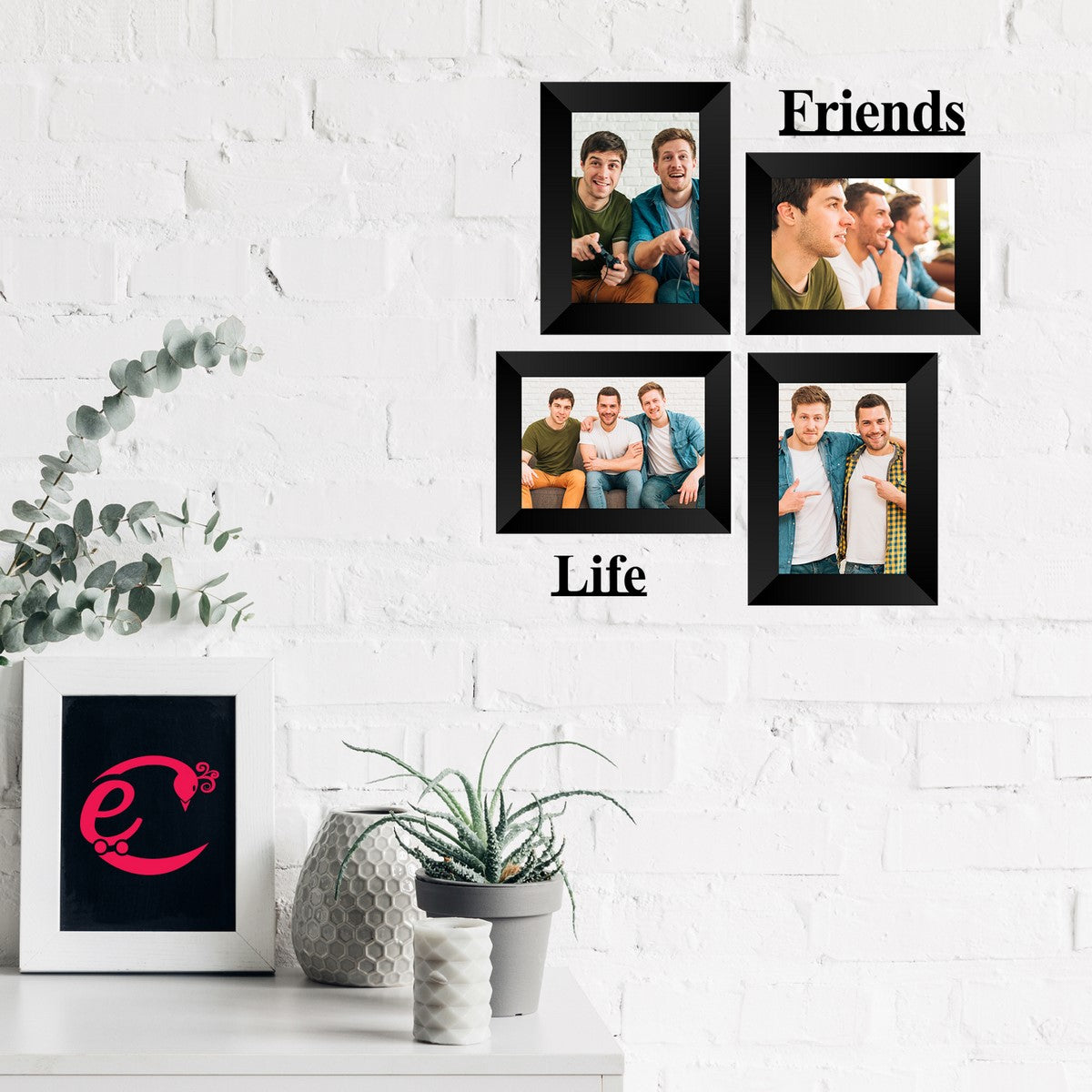 Memory Wall Collage Photo Frame - Set of 4 Photo Frames for 2 Photos of 5"x7", 2 Photos of 4"x6", 1 Piece of FRIENDS, 1 Piece of LIFE 1
