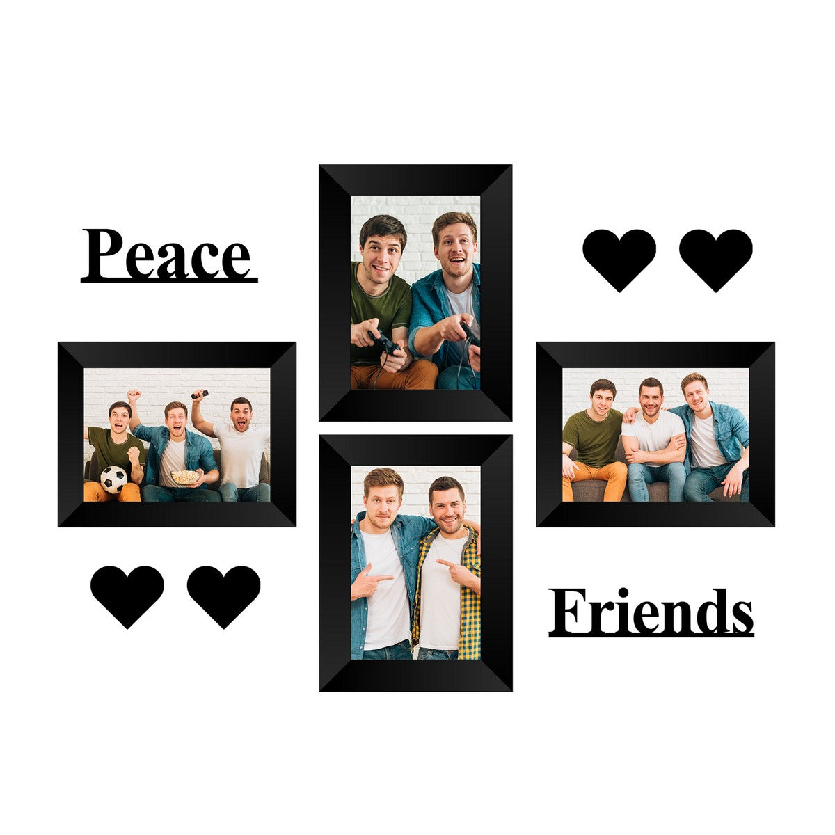 Memory Wall Collage Photo Frame - Set of 4 Photo Frames for 4 Photos of 5"x7", 1 Piece of PEACE, 1 Piece of FRIENDS, 4 Pieces of HEARTS