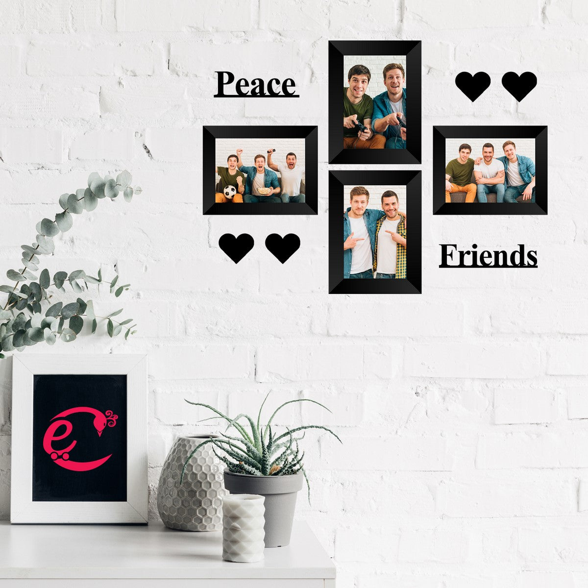 Memory Wall Collage Photo Frame - Set of 4 Photo Frames for 4 Photos of 5"x7", 1 Piece of PEACE, 1 Piece of FRIENDS, 4 Pieces of HEARTS 1
