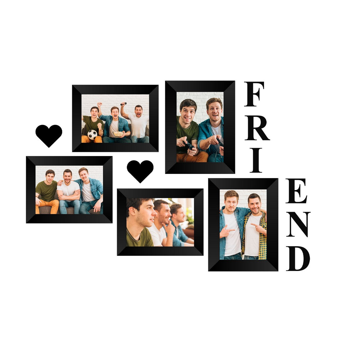 Memory Wall Collage Photo Frame - Set of 5 Photo Frames for 3 Photos of 4"x6", 2 Photos of 5"x7", 1 Piece of FRIENDS, 2 Pieces of HEARTS
