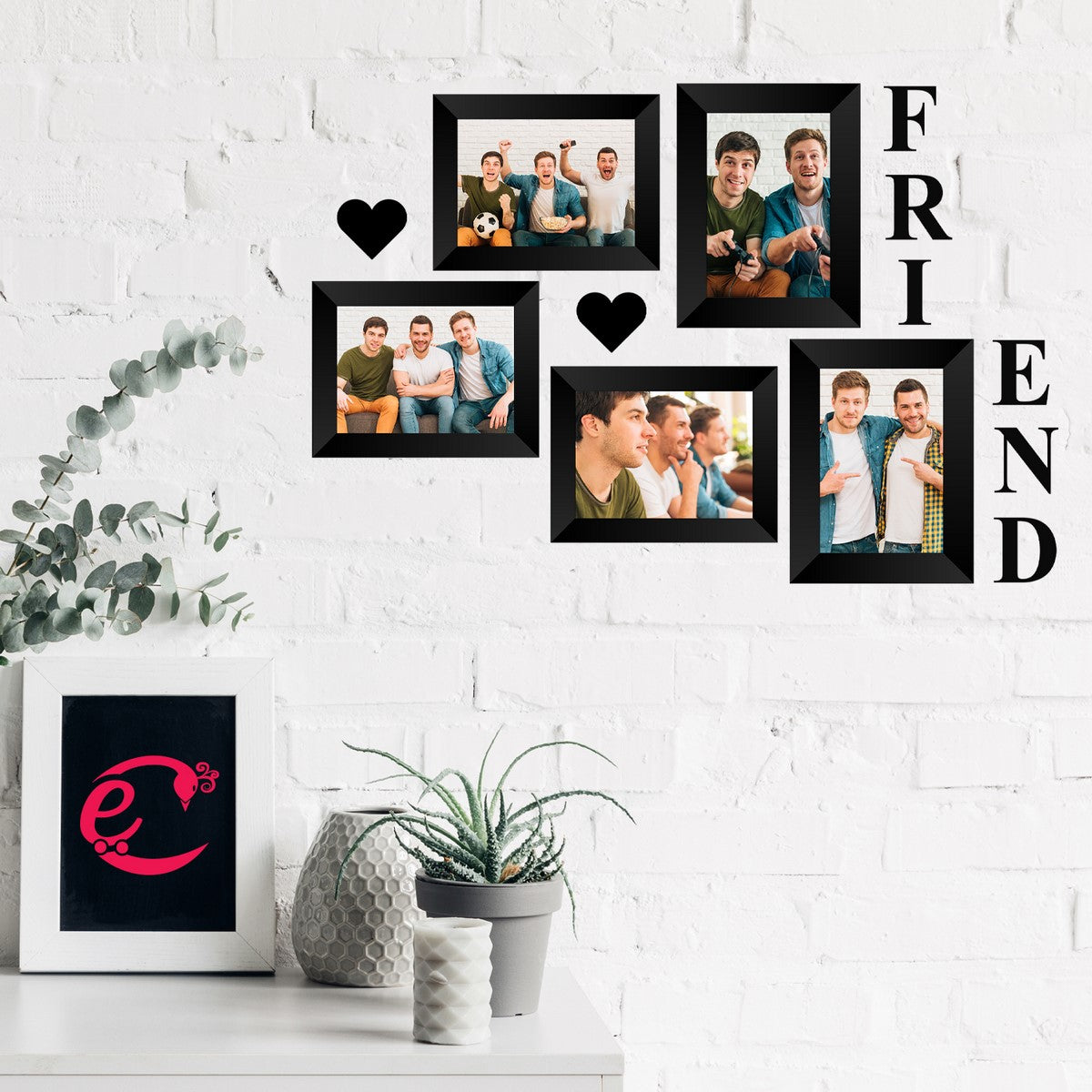 Memory Wall Collage Photo Frame - Set of 5 Photo Frames for 3 Photos of 4"x6", 2 Photos of 5"x7", 1 Piece of FRIENDS, 2 Pieces of HEARTS 1