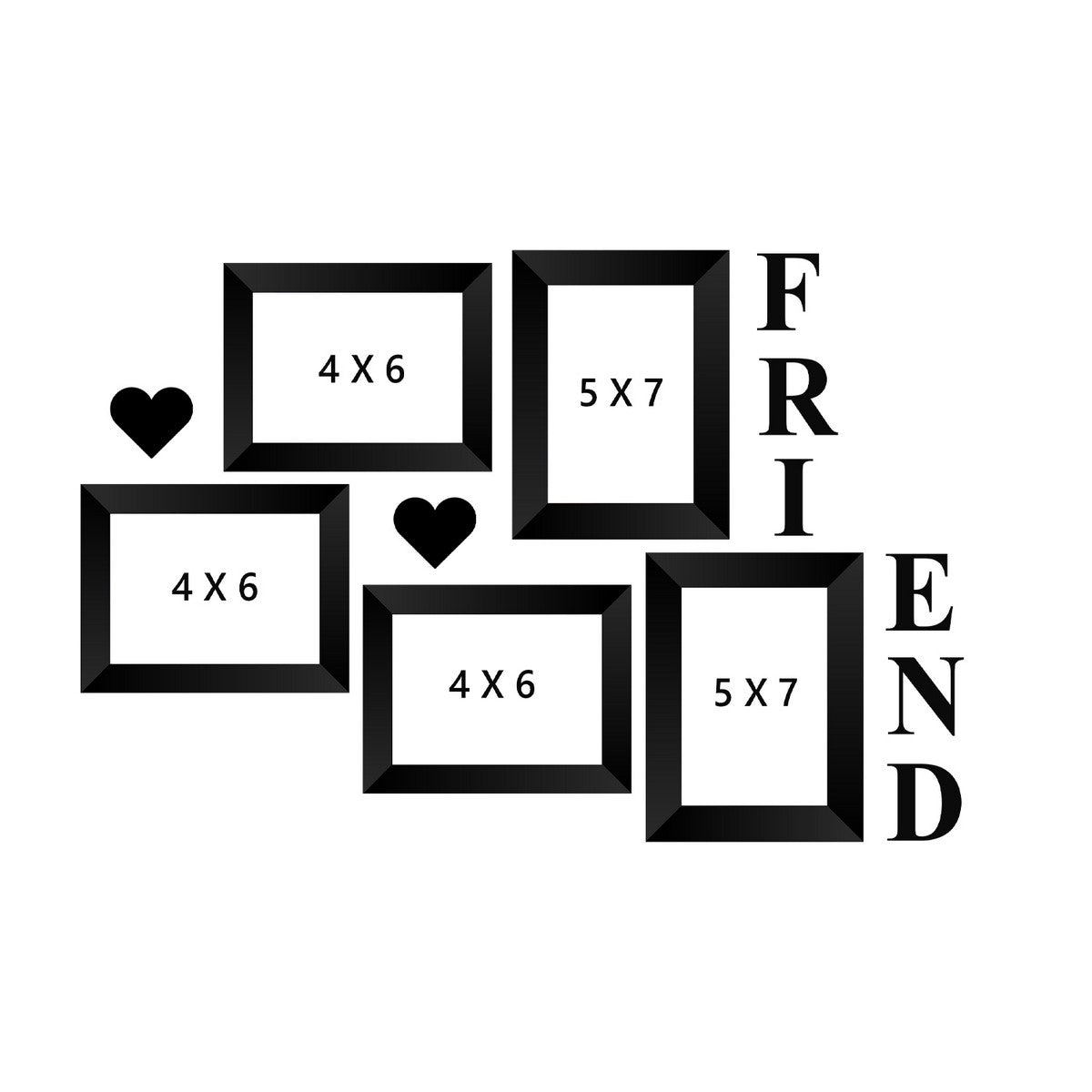 Memory Wall Collage Photo Frame - Set of 5 Photo Frames for 3 Photos of 4"x6", 2 Photos of 5"x7", 1 Piece of FRIENDS, 2 Pieces of HEARTS 3
