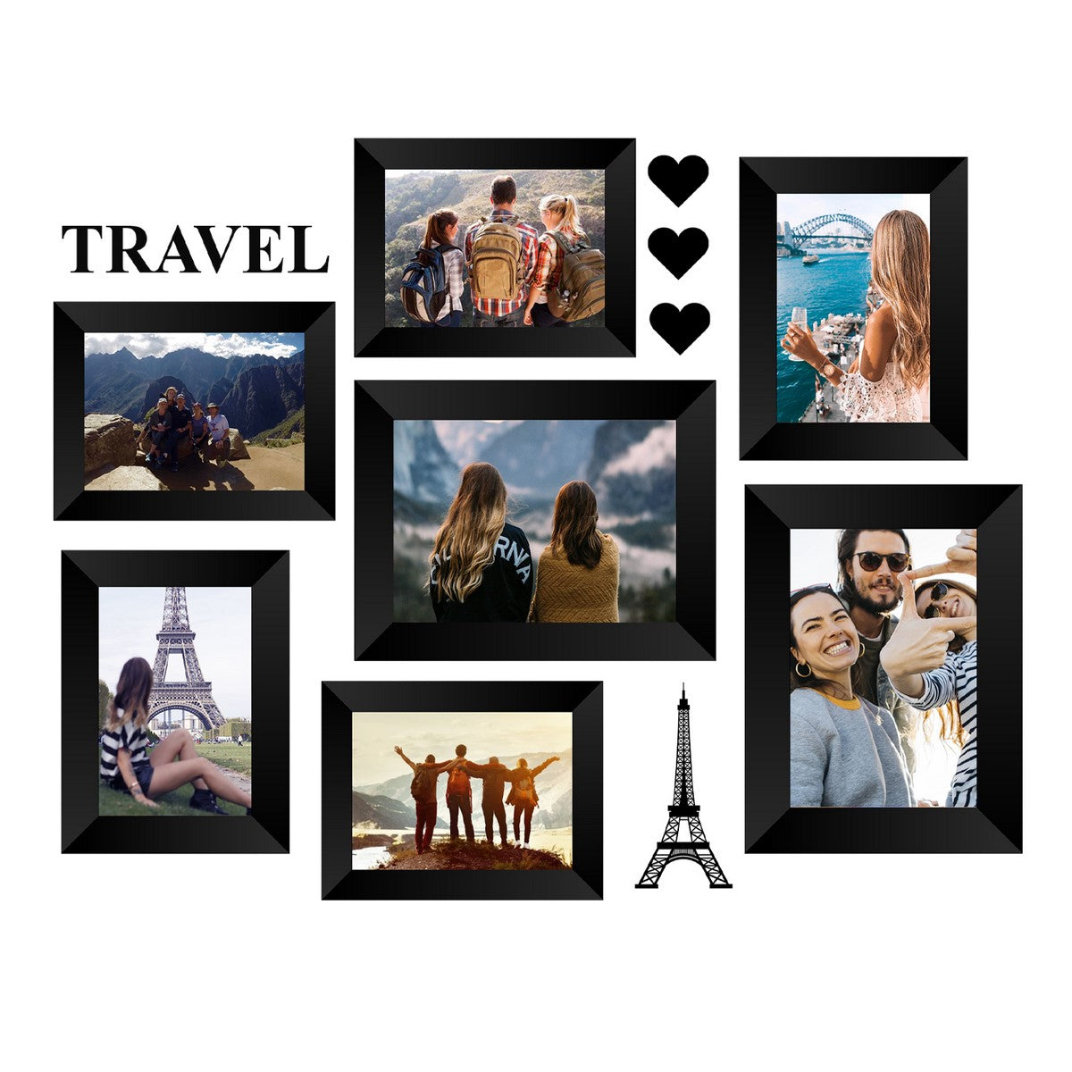 Memory Wall Collage Photo Frame - Set of 7 Photo Frames for 5 Photos of 4"x6", 2 Photos of 5"x7", 1 Piece of TRAVEL, 1 Piece of EIFFEL TOWER, 3 Pieces of HEARTS
