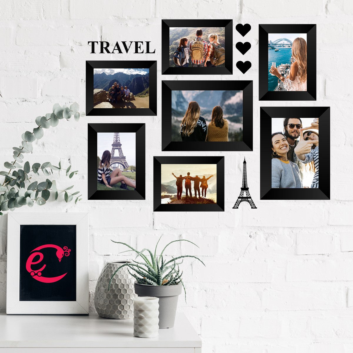 Memory Wall Collage Photo Frame - Set of 7 Photo Frames for 5 Photos of 4"x6", 2 Photos of 5"x7", 1 Piece of TRAVEL, 1 Piece of EIFFEL TOWER, 3 Pieces of HEARTS 1