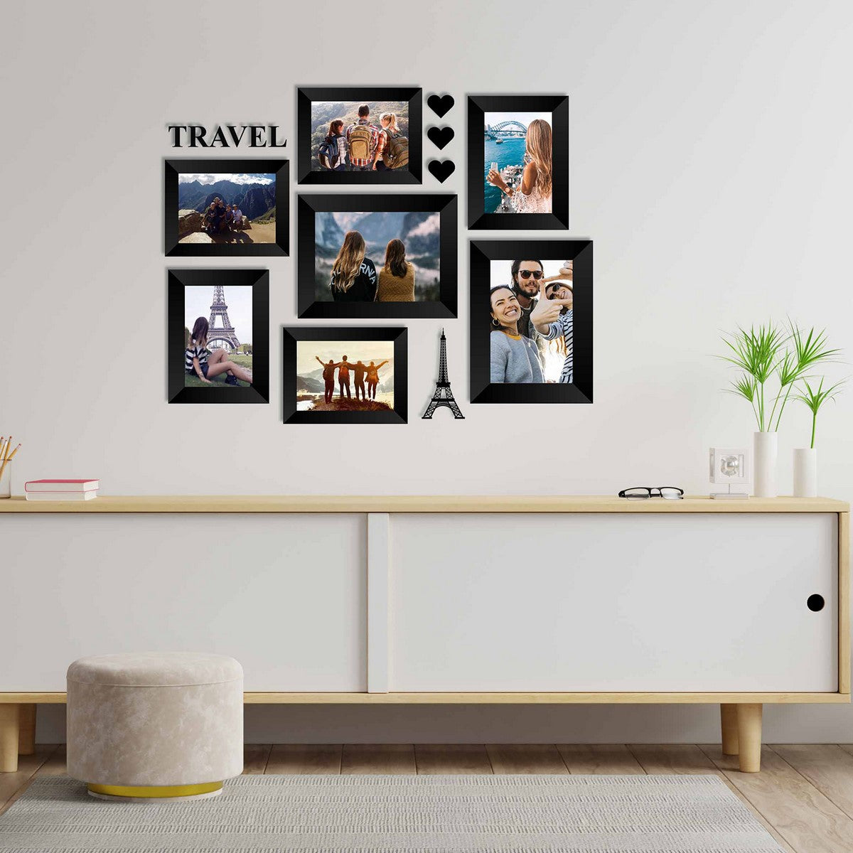 Memory Wall Collage Photo Frame - Set of 7 Photo Frames for 5 Photos of 4"x6", 2 Photos of 5"x7", 1 Piece of TRAVEL, 1 Piece of EIFFEL TOWER, 3 Pieces of HEARTS 2