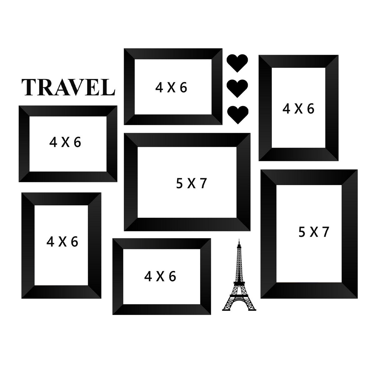 Memory Wall Collage Photo Frame - Set of 7 Photo Frames for 5 Photos of 4"x6", 2 Photos of 5"x7", 1 Piece of TRAVEL, 1 Piece of EIFFEL TOWER, 3 Pieces of HEARTS 3