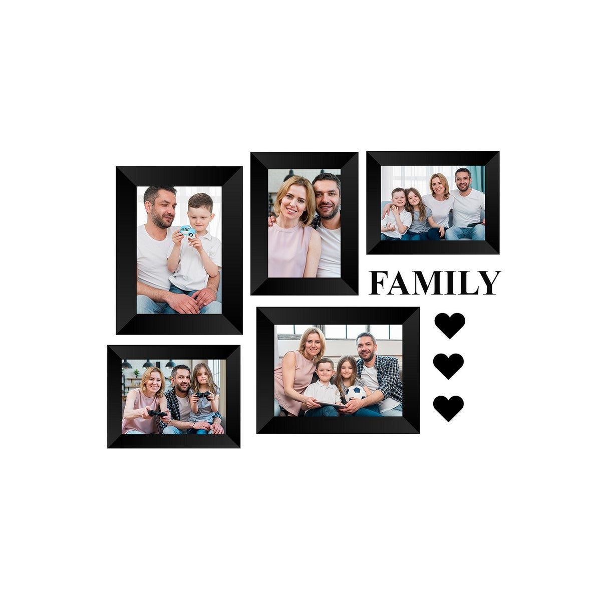 Memory Wall Collage Photo Frame - Set of 5 Photo Frames for 3 Photos of 4"x6", 2 Photos of 5"x7", 1 Piece of FAMILY, 3 Pieces of HEARTS