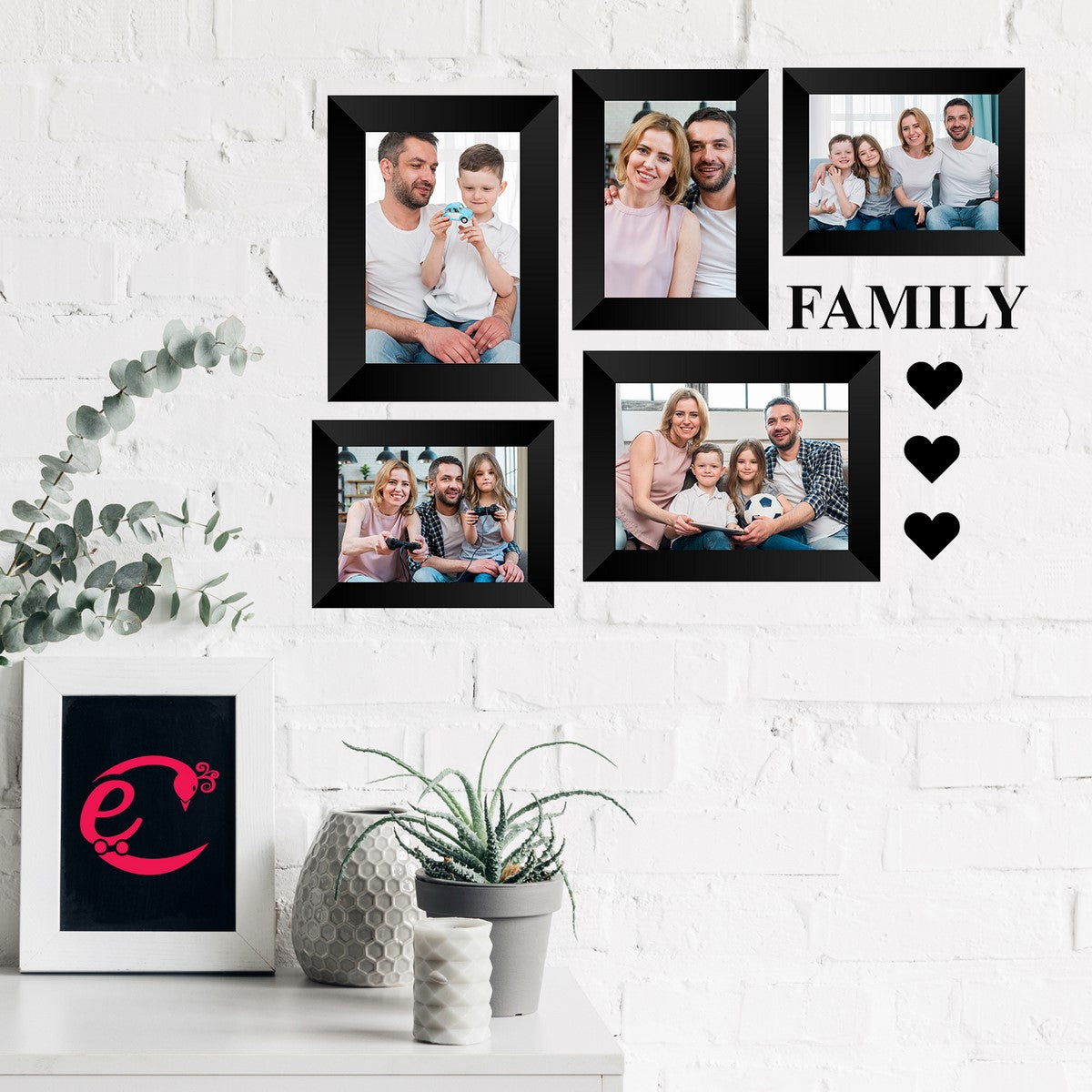 Memory Wall Collage Photo Frame - Set of 5 Photo Frames for 3 Photos of 4"x6", 2 Photos of 5"x7", 1 Piece of FAMILY, 3 Pieces of HEARTS 1