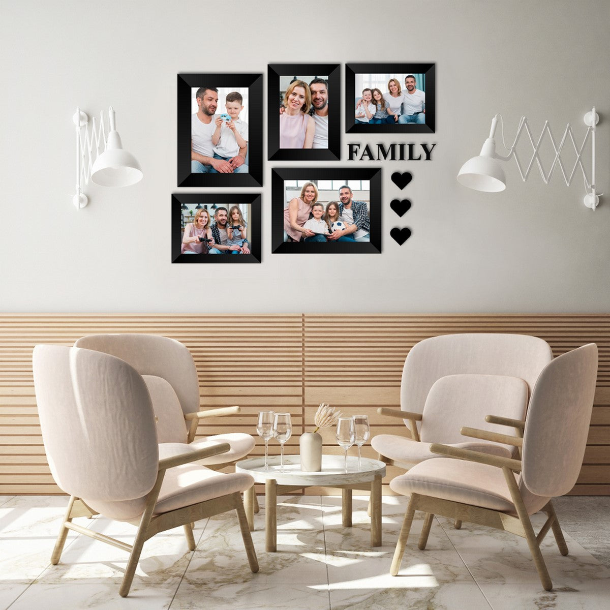 Memory Wall Collage Photo Frame - Set of 5 Photo Frames for 3 Photos of 4"x6", 2 Photos of 5"x7", 1 Piece of FAMILY, 3 Pieces of HEARTS 2