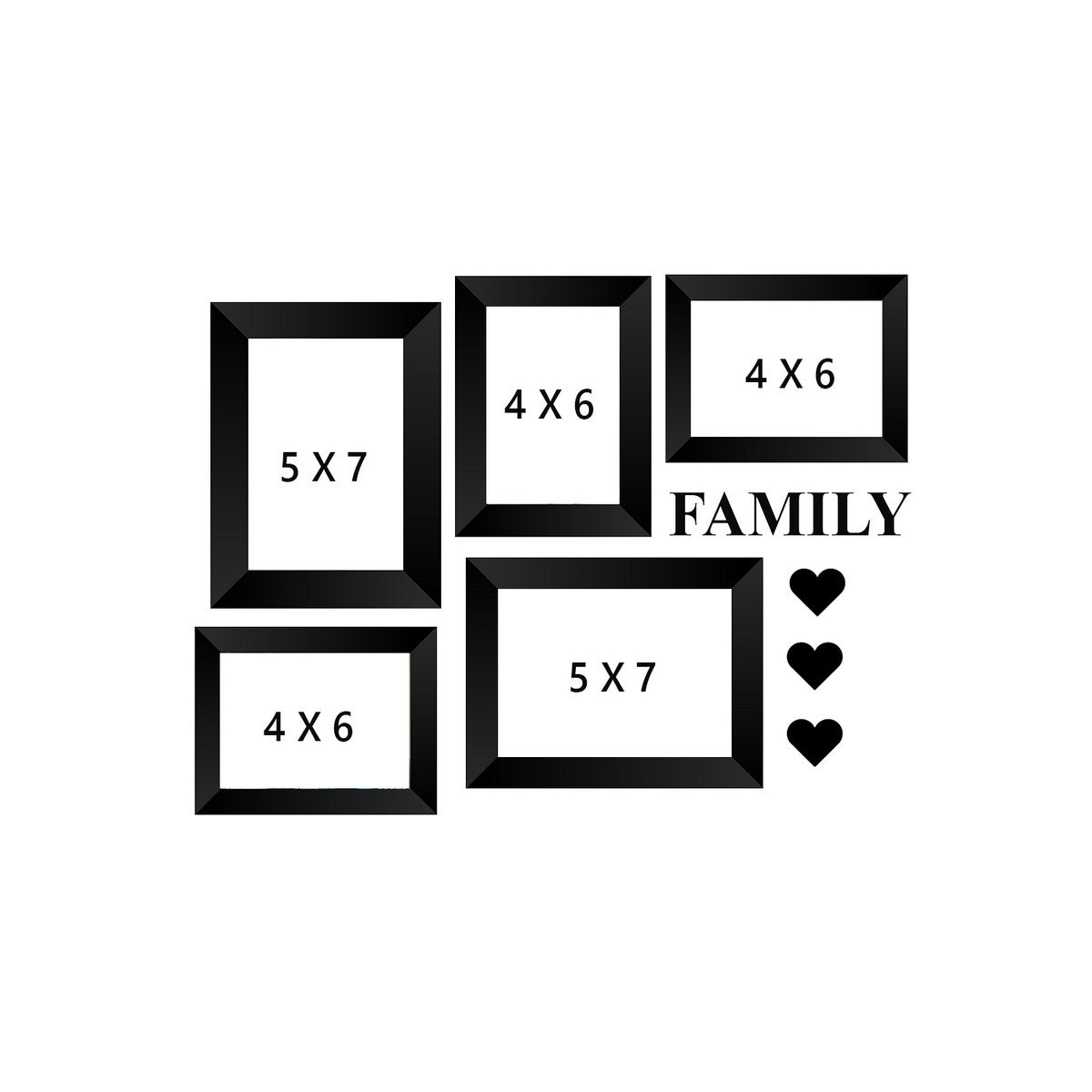Memory Wall Collage Photo Frame - Set of 5 Photo Frames for 3 Photos of 4"x6", 2 Photos of 5"x7", 1 Piece of FAMILY, 3 Pieces of HEARTS 3