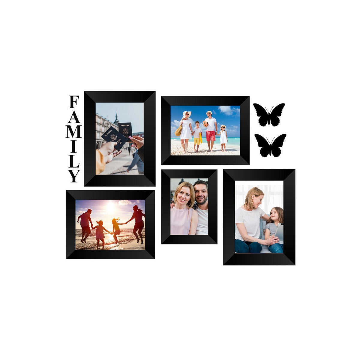 Memory Wall Collage Photo Frame - Set of 5 Photo Frames for 1 Photos of 4"x6", 4 Photos of 5"x7", 1 Piece of FAMILY, 2 Pieces of BUTTERFLIES