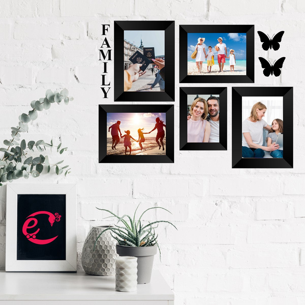 Memory Wall Collage Photo Frame - Set of 5 Photo Frames for 1 Photos of 4"x6", 4 Photos of 5"x7", 1 Piece of FAMILY, 2 Pieces of BUTTERFLIES 1