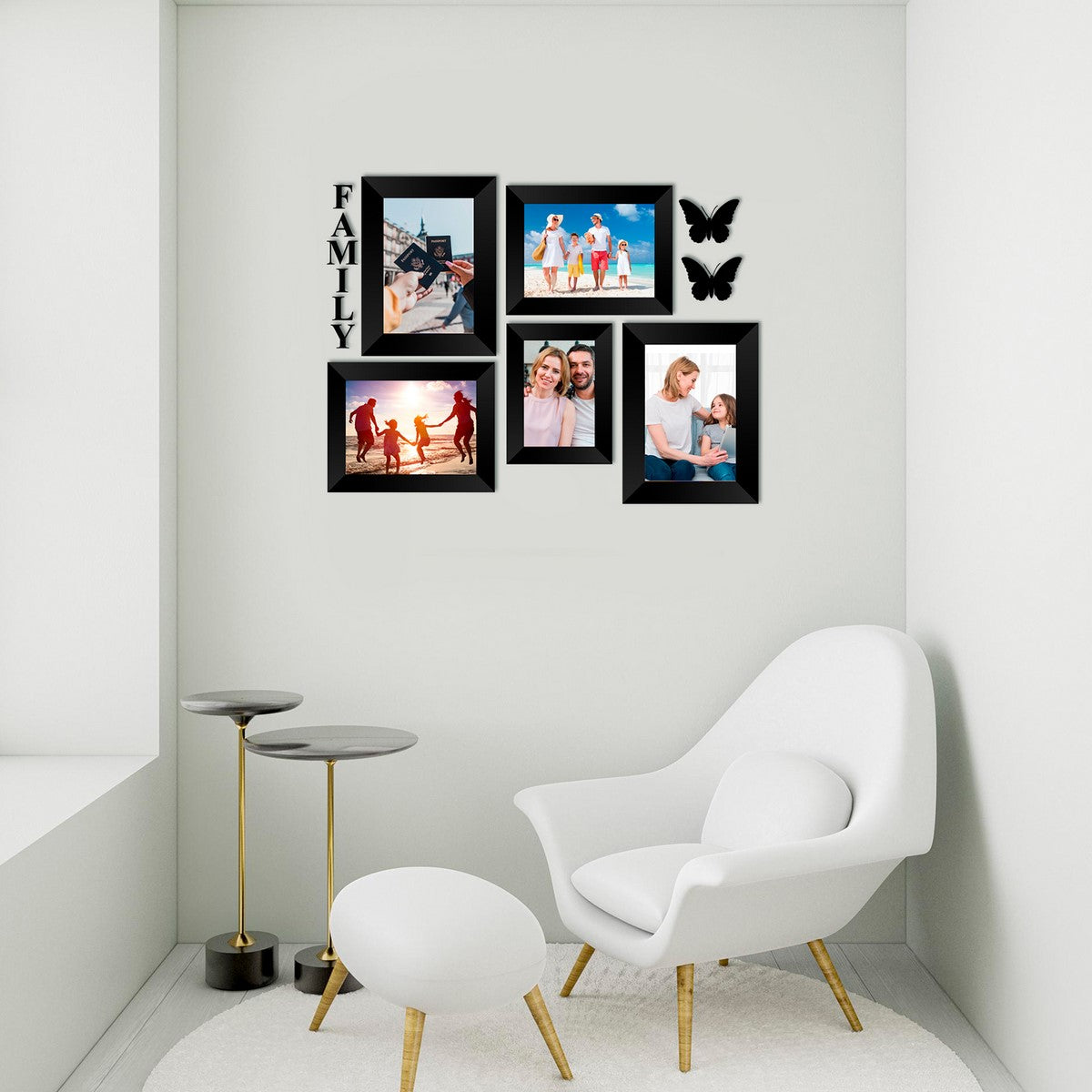 Memory Wall Collage Photo Frame - Set of 5 Photo Frames for 1 Photos of 4"x6", 4 Photos of 5"x7", 1 Piece of FAMILY, 2 Pieces of BUTTERFLIES 2