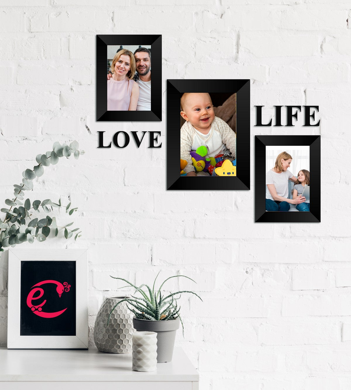 Memory Wall Collage Photo Frame - Set of 3 Photo Frames for 2 Photos of 4"x6", 1 Photos of 5"x7", 1 Piece of LOVE, 1 Piece of LIFE 1