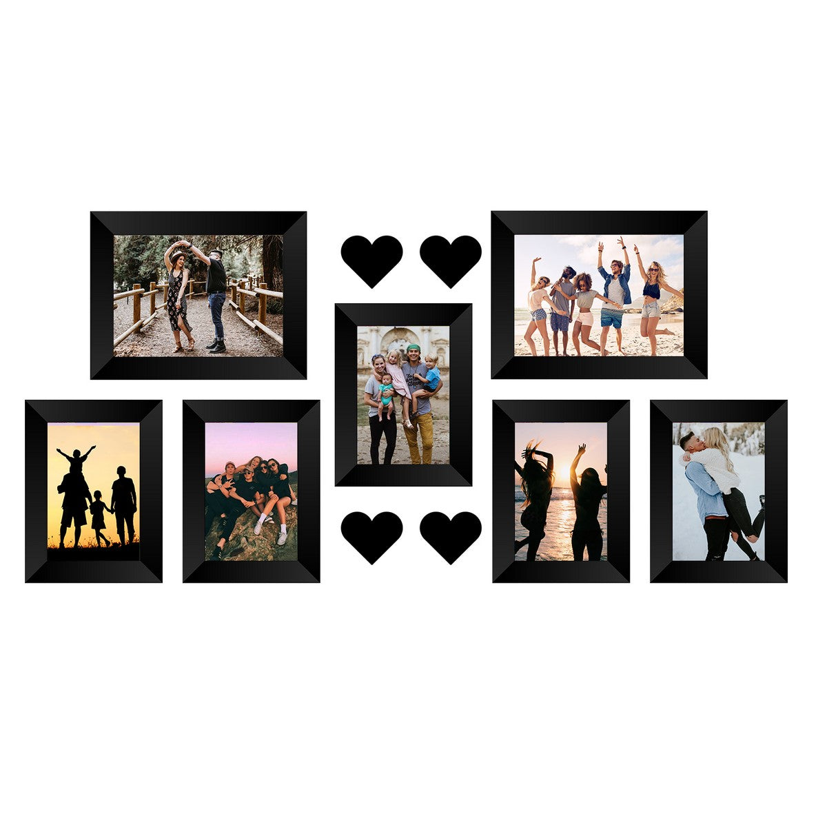 Memory Wall Collage Photo Frame - Set of 7 Photo Frames for 5 Photos of 4"x6", 2 Photos of 5"x7", 4 Pieces of HEARTS
