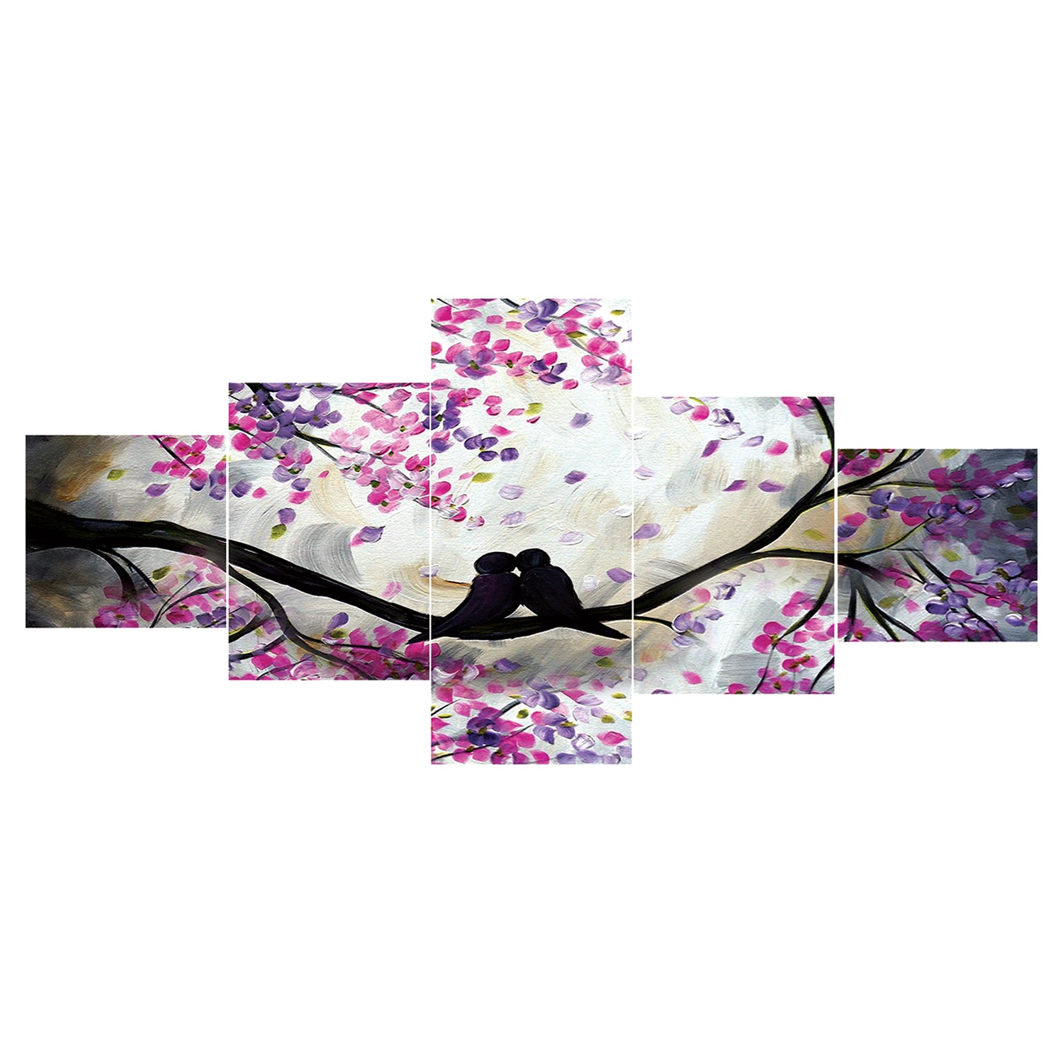 Set of 5 Kissing Love Birds on Tree Branch Premium Sunboard Panels Painting