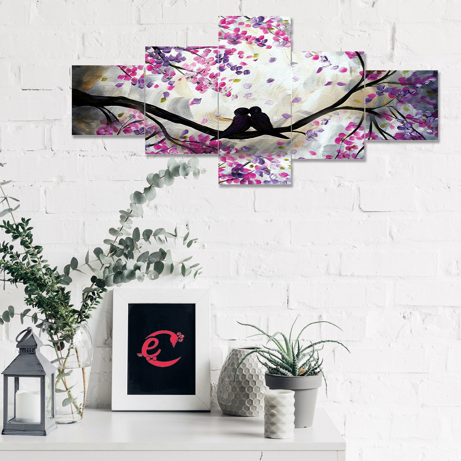 Set of 5 Kissing Love Birds on Tree Branch Premium Sunboard Panels Painting 1