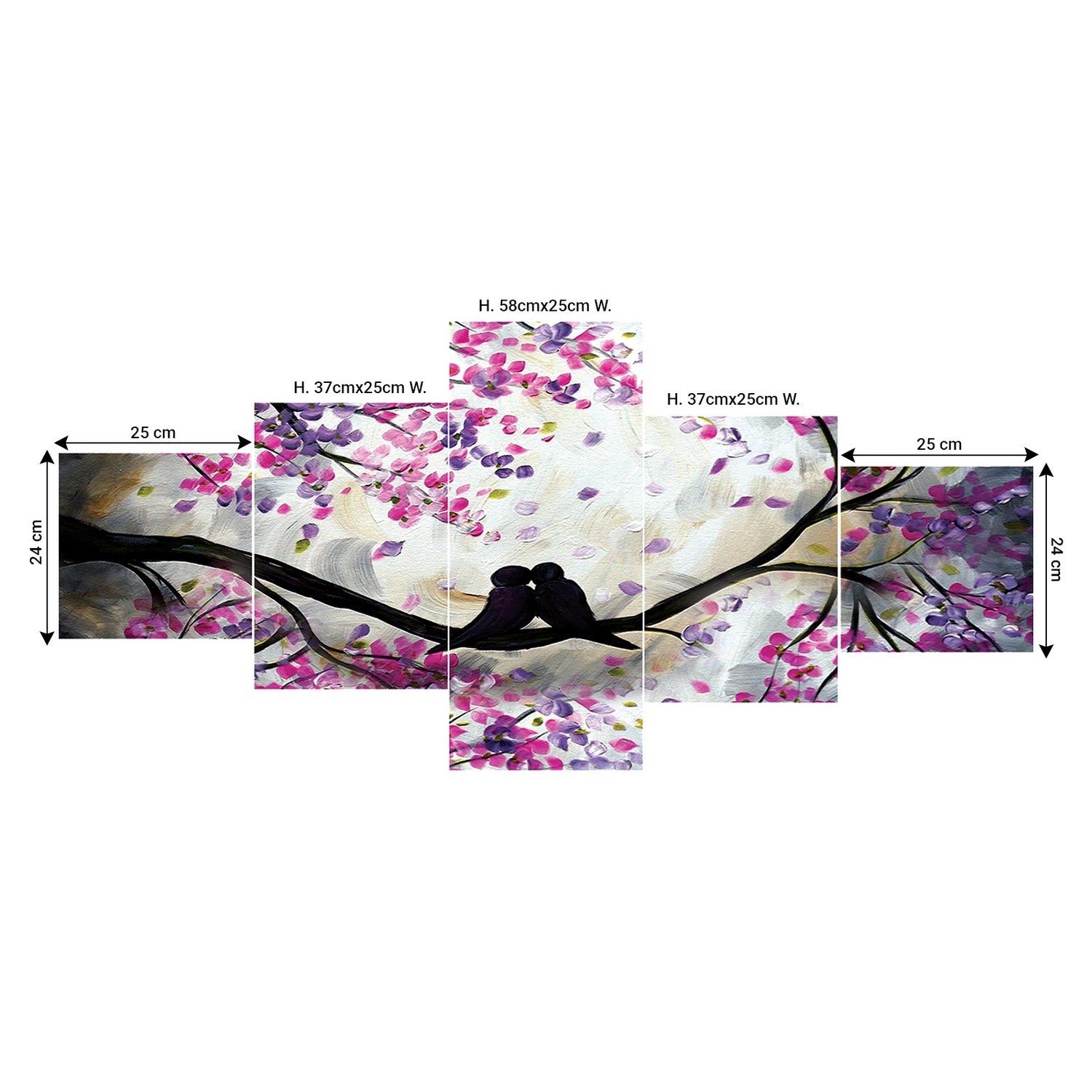 Set of 5 Kissing Love Birds on Tree Branch Premium Sunboard Panels Painting 2