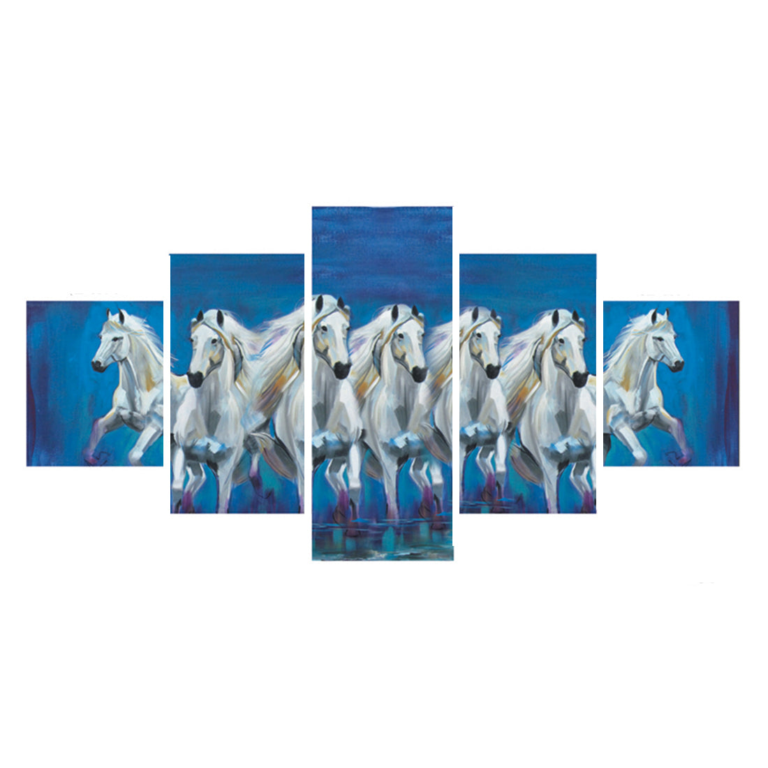 Set of 5 Running Lucky Horses Design Premium Canvas Painting