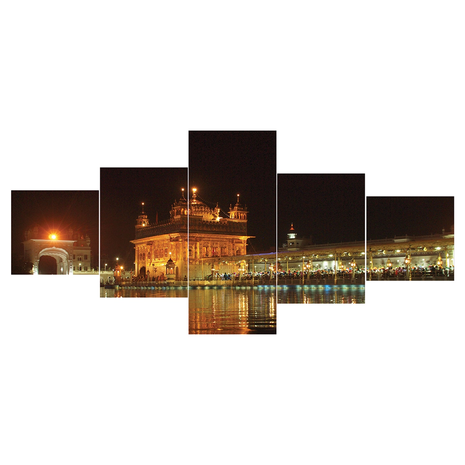 Set of 5 Golden Temple Night View Premium Sunboard Panels Painting