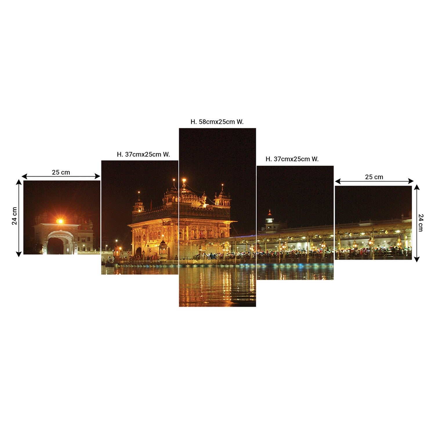 Set of 5 Golden Temple Night View Premium Sunboard Panels Painting 2