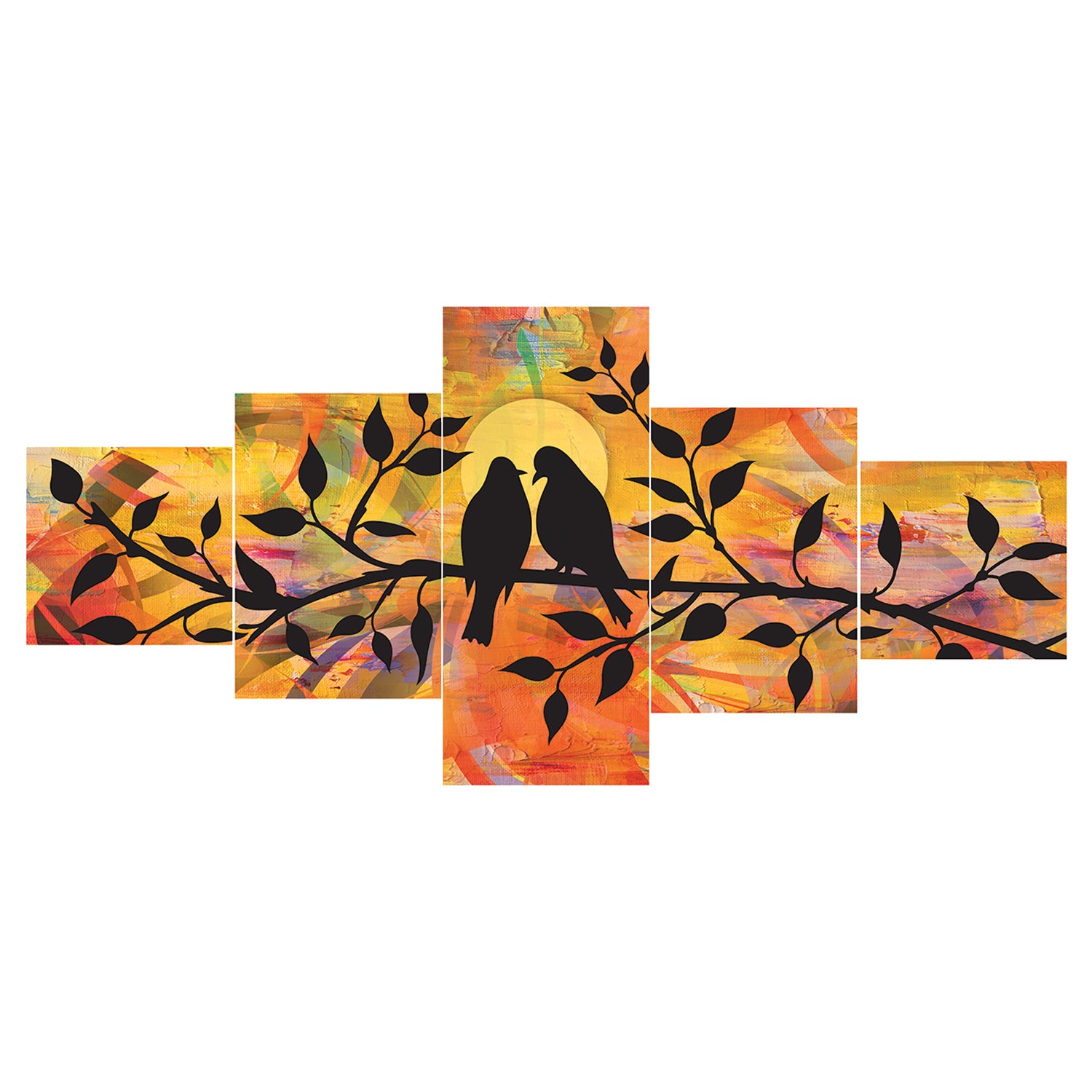 Set of 5 Birds Couple Sitting on Tree Branch Premium Sunboard Panels Painting