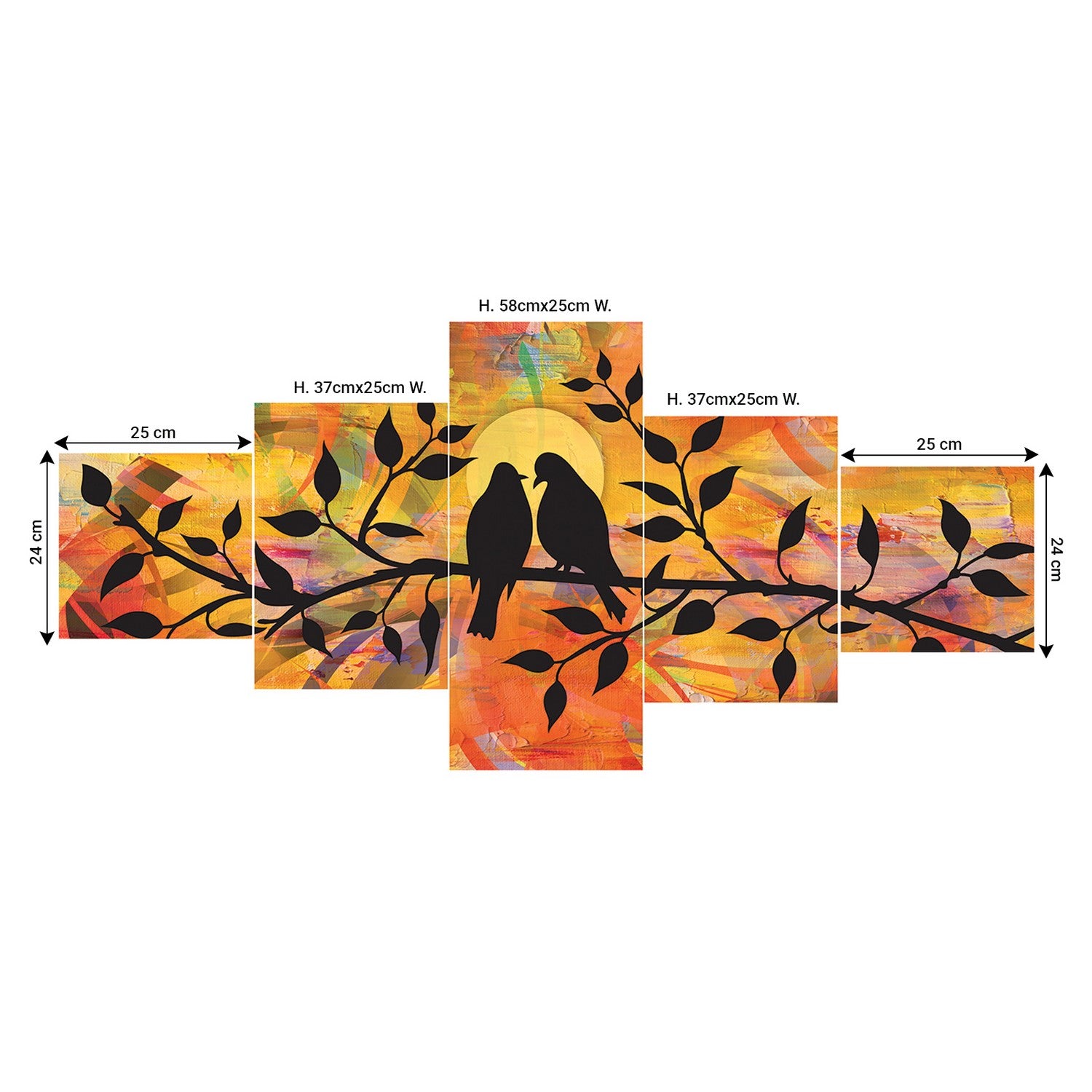 Set of 5 Birds Couple Sitting on Tree Branch Premium Sunboard Panels Painting 2