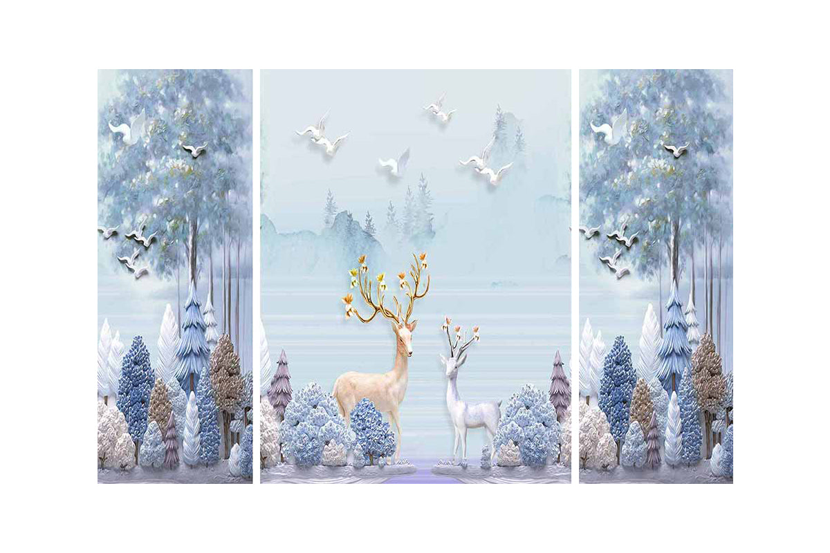 Set of 3 Colorful Jungle View having Deer Premium Canvas Sunboard Painting
