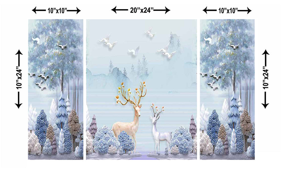 Set of 3 Colorful Jungle View having Deer Premium Canvas Sunboard Painting 2