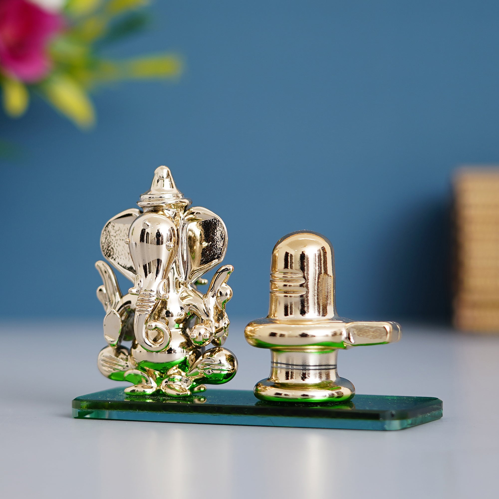 Green Lord Ganesha with Shivling Crystal Statue for Home and Car Dashboard