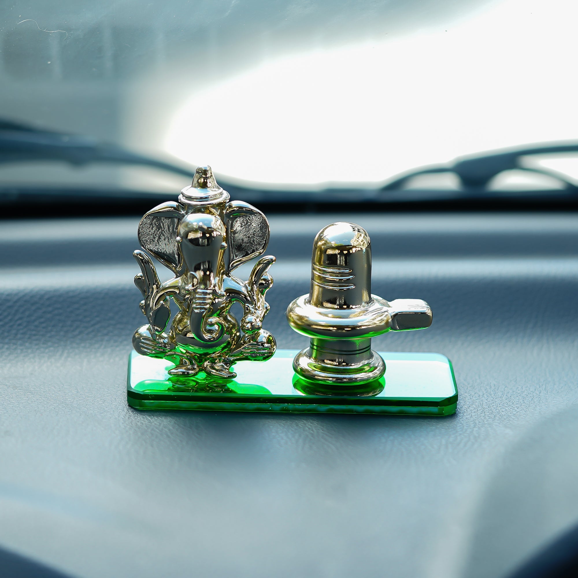 Green Lord Ganesha with Shivling Crystal Statue for Home and Car Dashboard 1