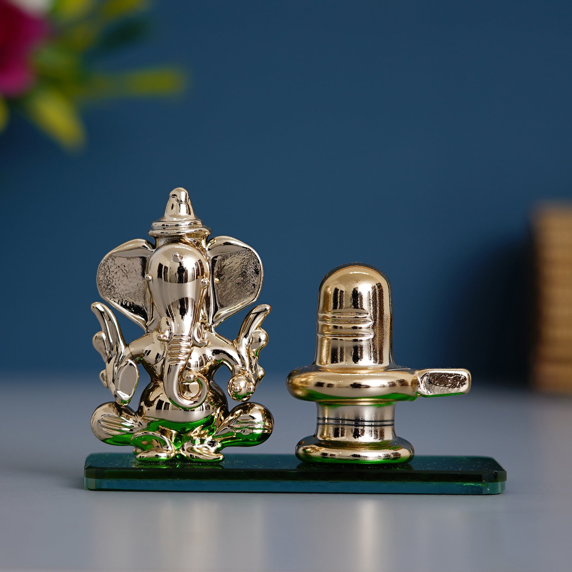 Green Lord Ganesha with Shivling Crystal Statue for Home and Car Dashboard 4