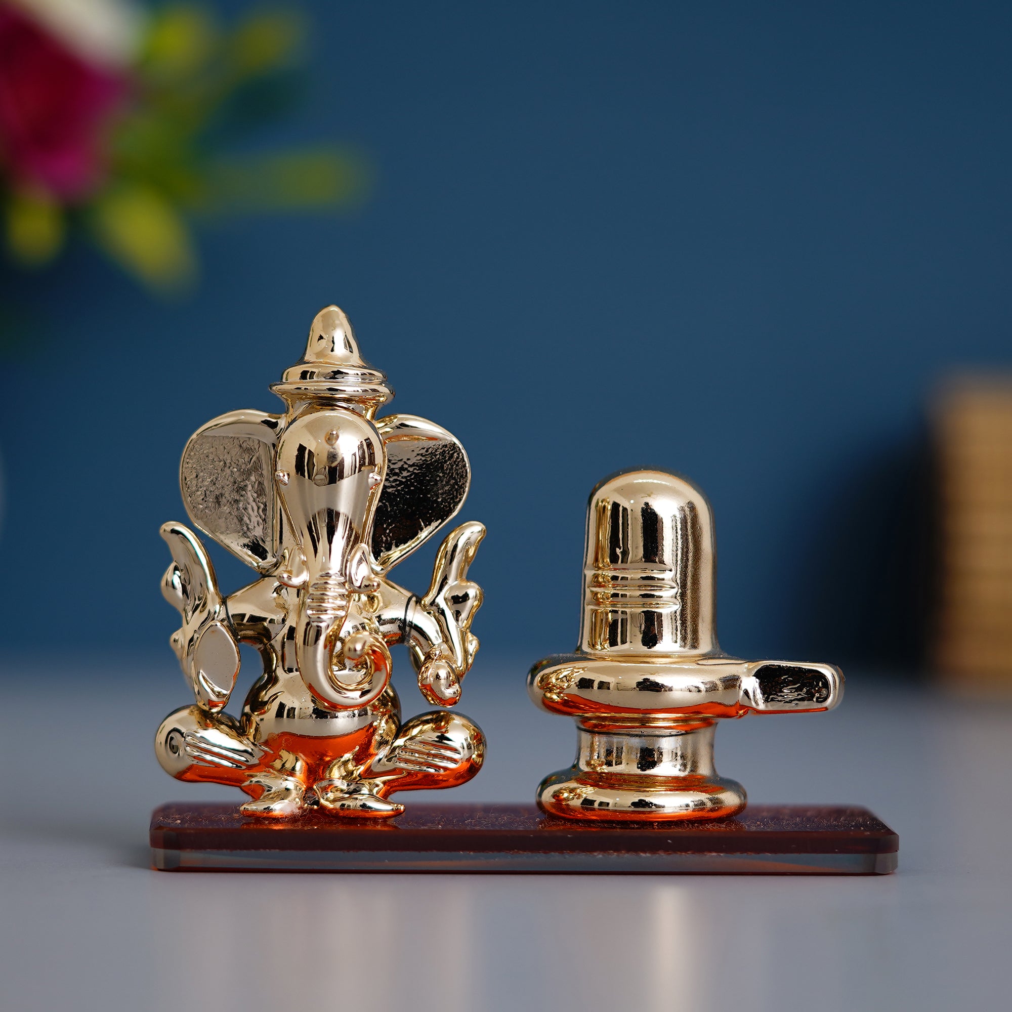 Orange Lord Ganesha with Shivling Crystal Statue for Home and Car Dashboard