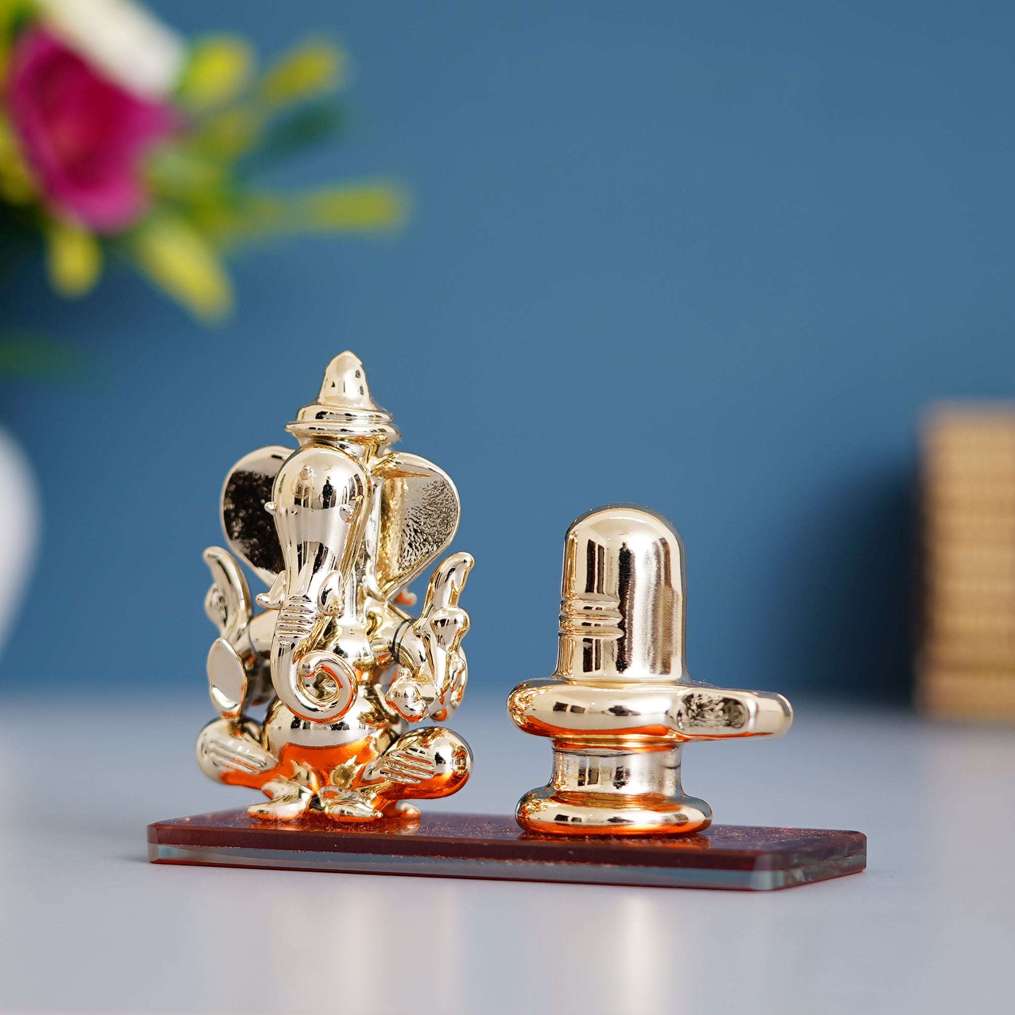 Orange Lord Ganesha with Shivling Crystal Statue for Home and Car Dashboard 1