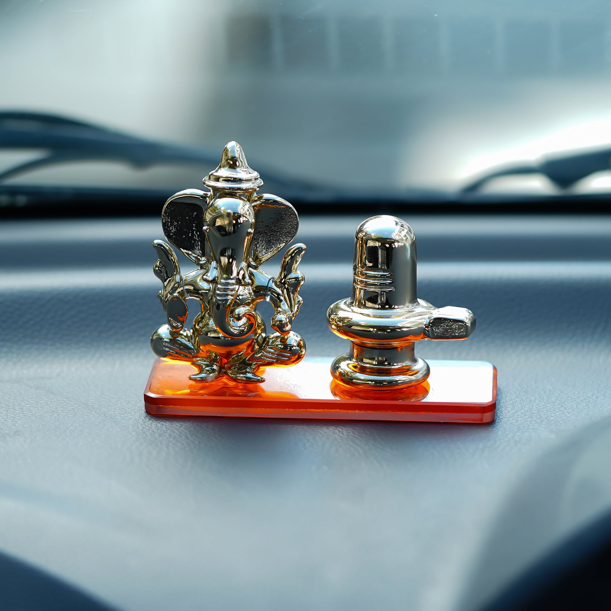 Orange Lord Ganesha with Shivling Crystal Statue for Home and Car Dashboard 4