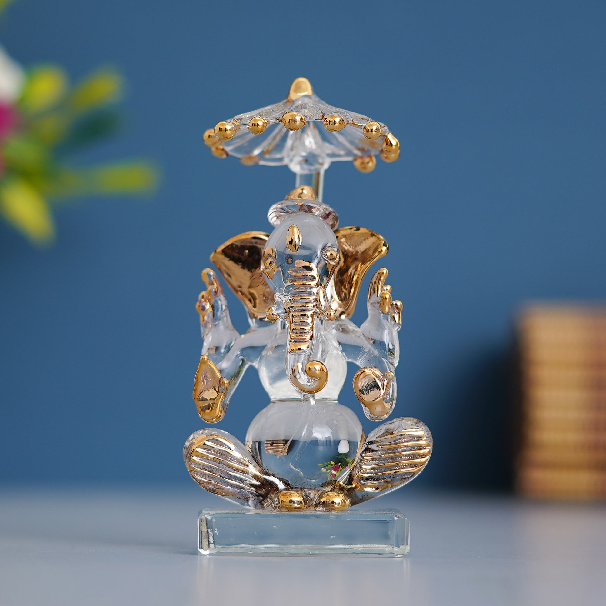 Golden Lord Ganesha with Chatar Crystal Statue for Home and Car Dashboard