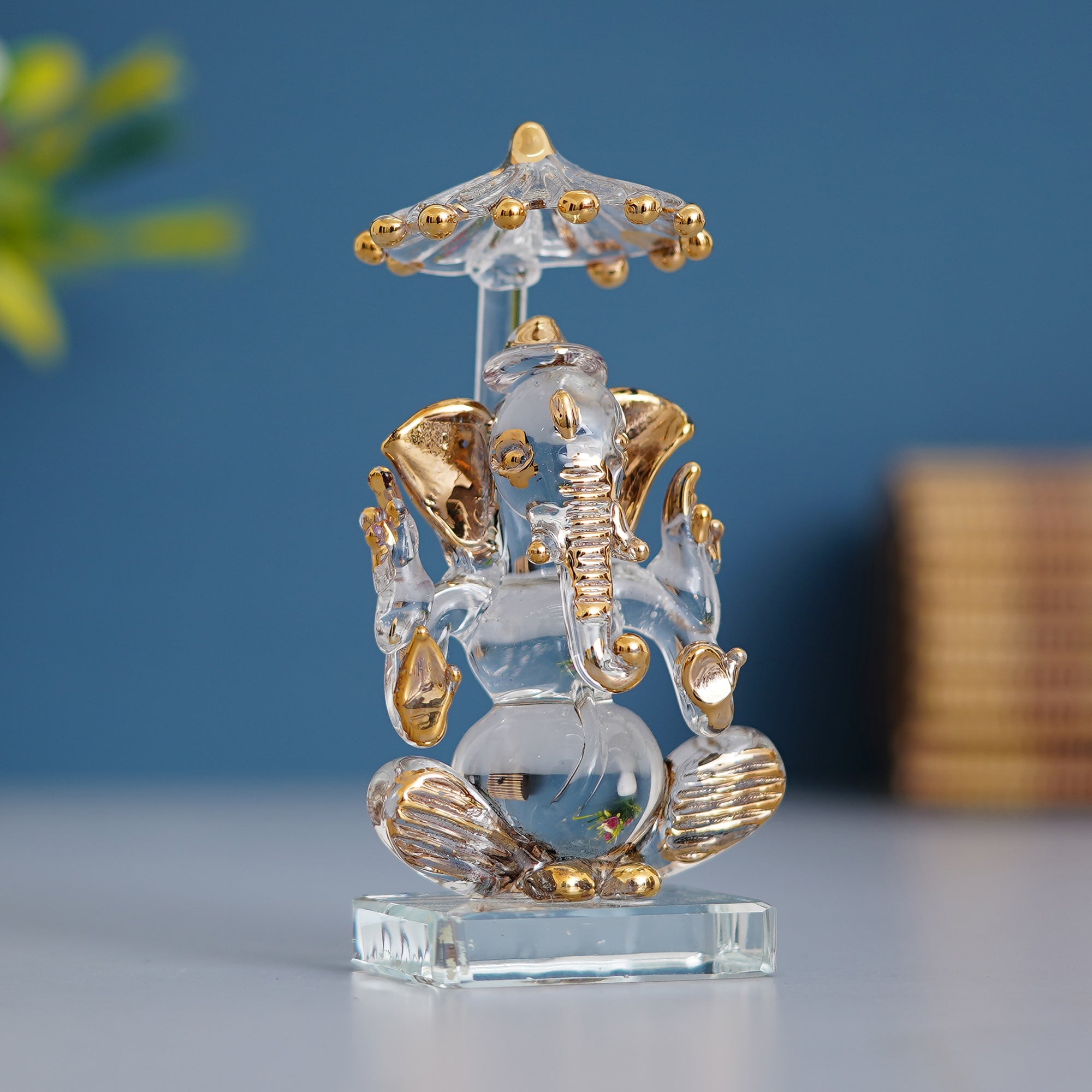 Golden Lord Ganesha with Chatar Crystal Statue for Home and Car Dashboard 1