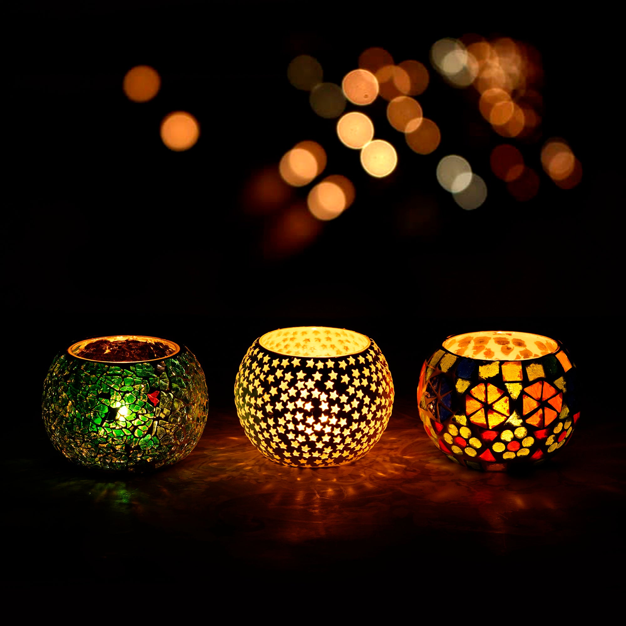 Mosaic Glass Decorative tea light candle holder/Diyas Set of 3