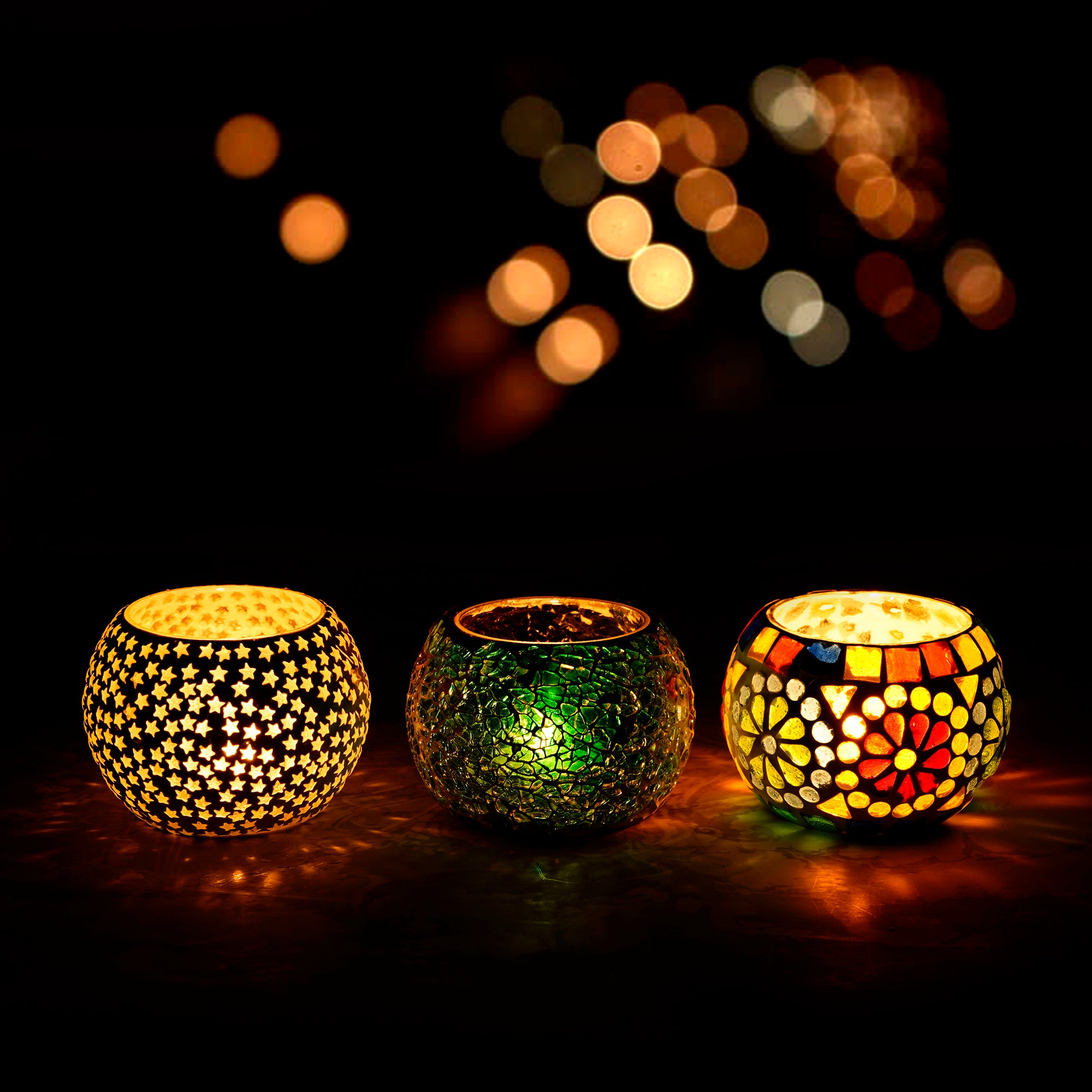 Set of 3 Mosaic Glass Decorative tea light candle holder/Diya