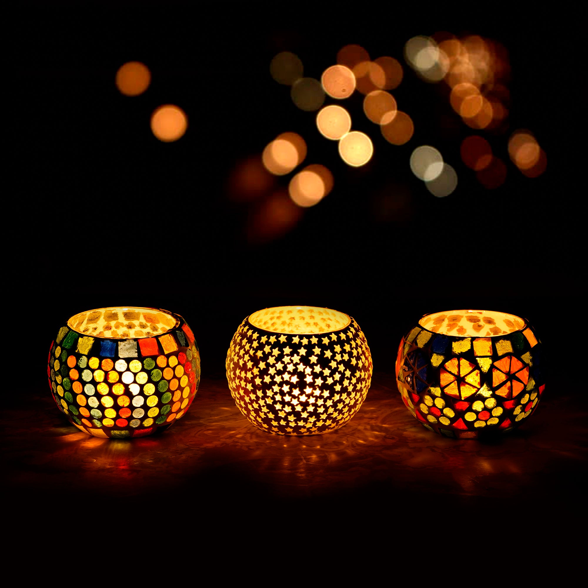 Set of 3 Mosaic Glass tea light candle holder/Diya